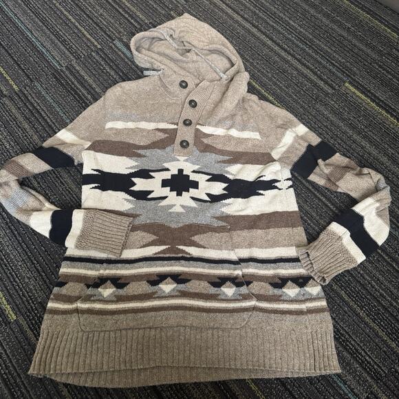 American Eagle Hooded Sweater Mens M Beige Aztec button neck southwest - Picture 1 of 7